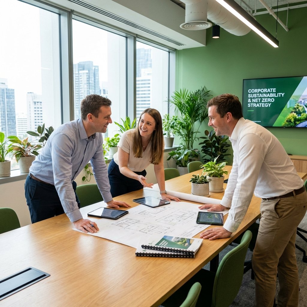 Equipo de consultoría ambiental planificando estrategias